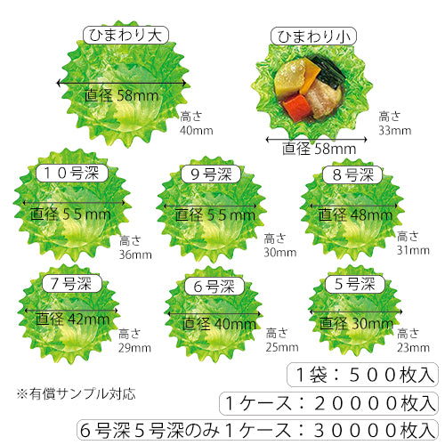 【カップ　副資材】ベジカップ　シリーズ 　丸型/ひまわり型 　紙タイプ　直径30mm～58mm（レタス柄）