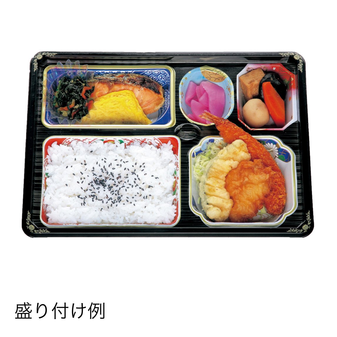 【仕出し弁当】幅 275-435mm 会席膳セット　三彩柄蓋・金彩柄本体セット（サイズ6種）