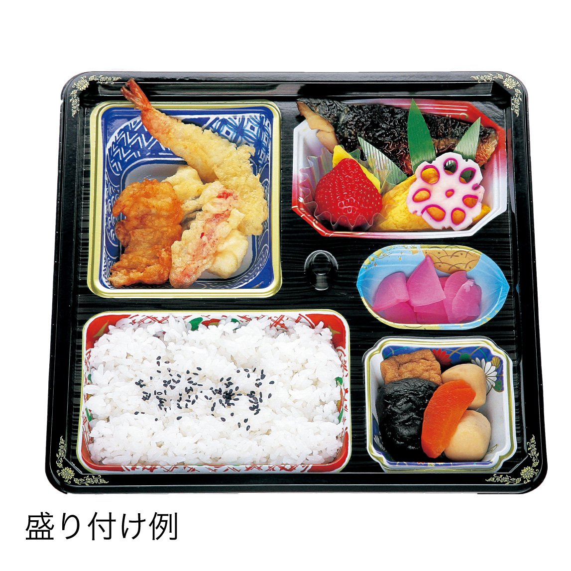 【仕出し弁当】幅 275-435mm 会席膳セット　三彩柄蓋・金彩柄本体セット（サイズ6種）