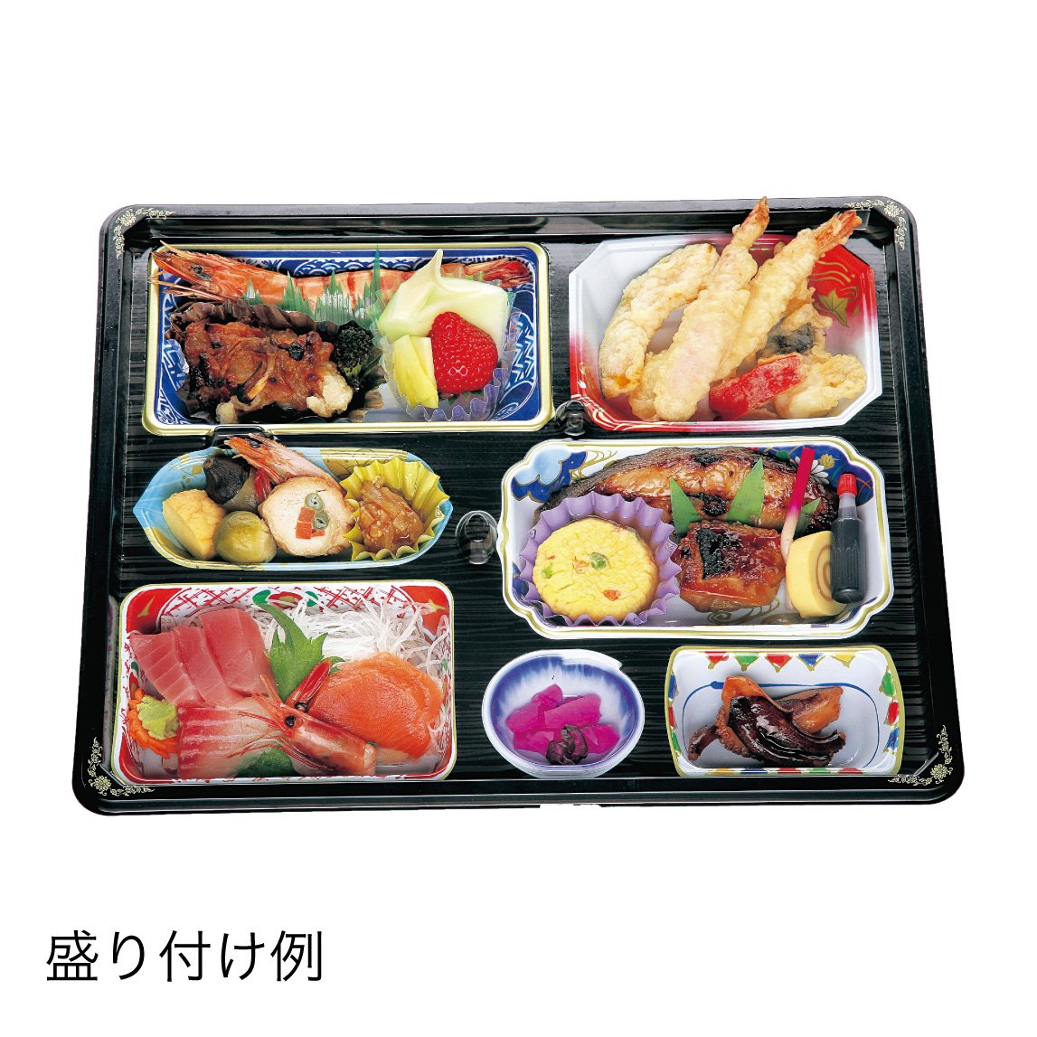 【仕出し弁当】幅 275-435mm 会席膳セット　三彩柄蓋・金彩柄本体セット（サイズ6種）