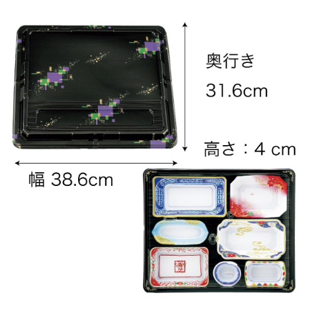 【仕出し弁当】幅 275-435mm 会席膳セット　三彩柄蓋・金彩柄本体セット（サイズ6種）