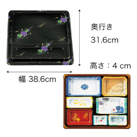 【仕出し弁当】幅 275-435mm 会席膳セット　三彩柄蓋・本体セット（サイズ6種）