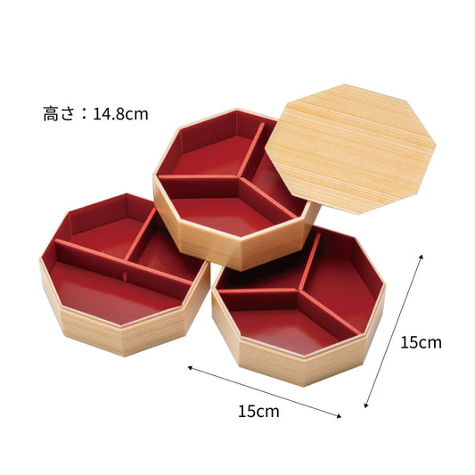 【折箱】八角折ケヤキ3段シャクリ蓋(上中段Y字・下段T字仕切)